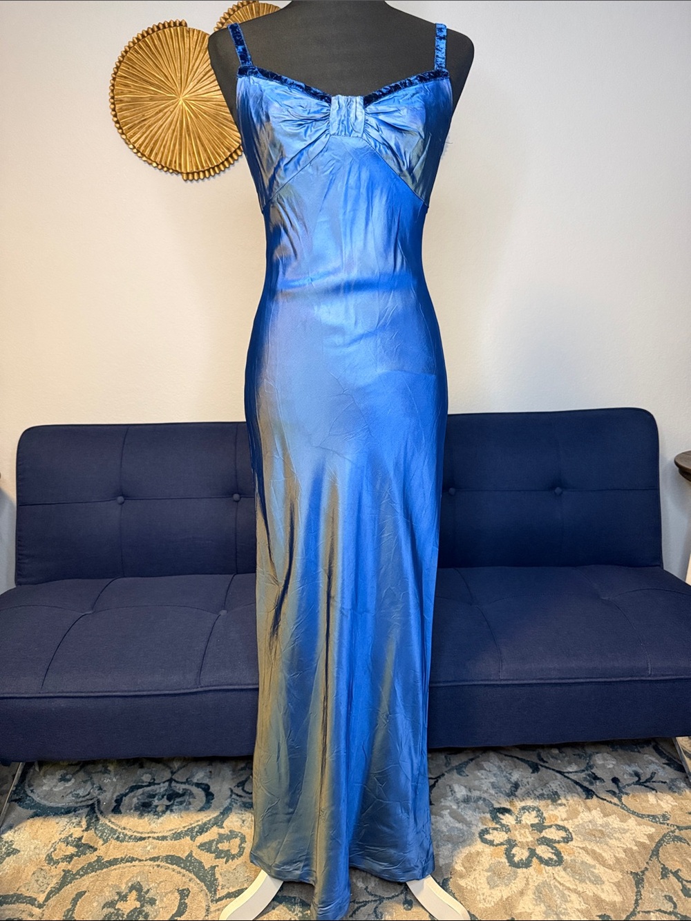 Women’s Jessica McClintock Blue Satin Slip Dress with Sweetheart Bow Detail 5/6